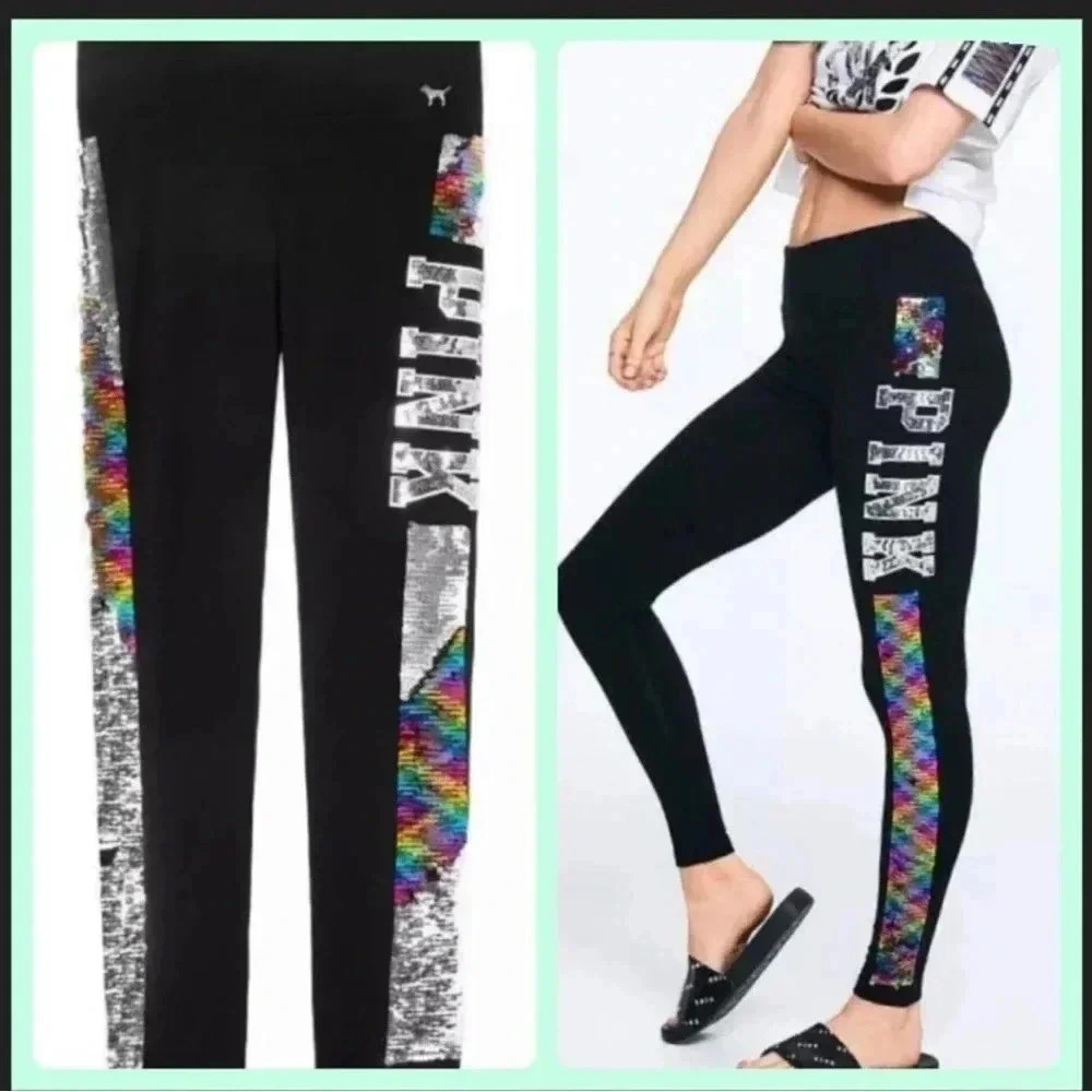NEW PINK  VS RAINBOW BLING REVERSIBLE
YOGA LEGGINGS XS